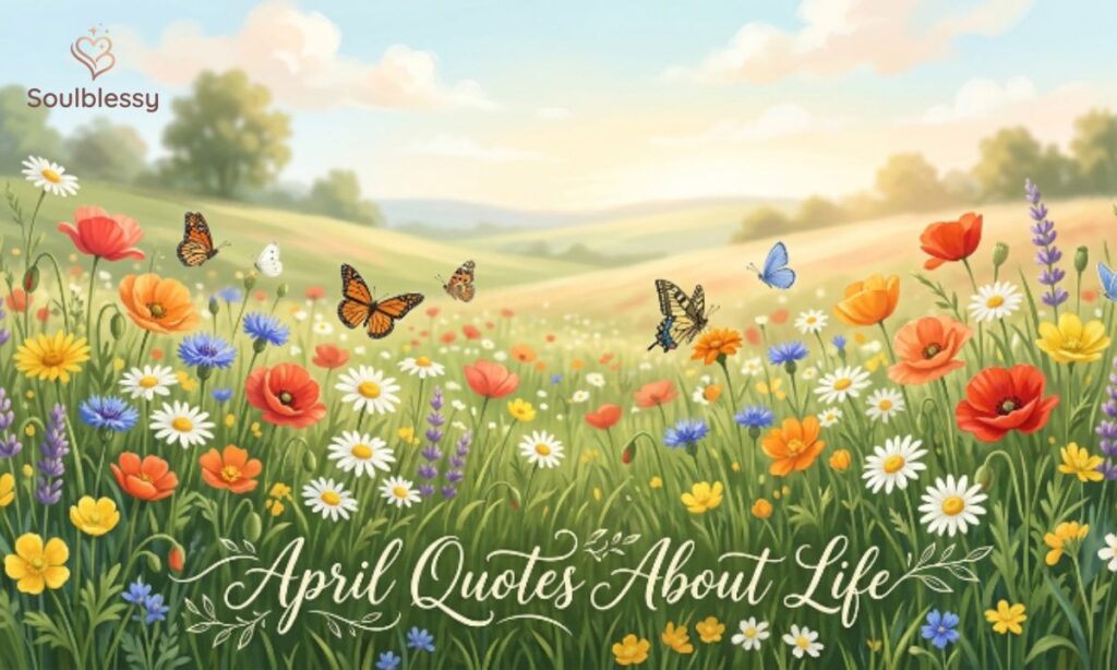 April Quotes About Life image with spring meadow and butterflies