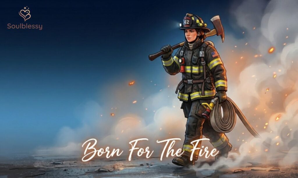 Firefighter walking through smoke with born for the fire quote