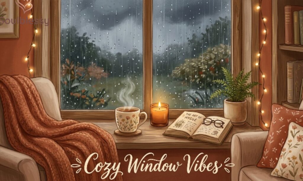 Cozy window captions with rainy day and warm tea aesthetic