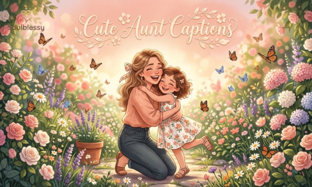 A loving aunt hugging her adorable little niece in a garden.