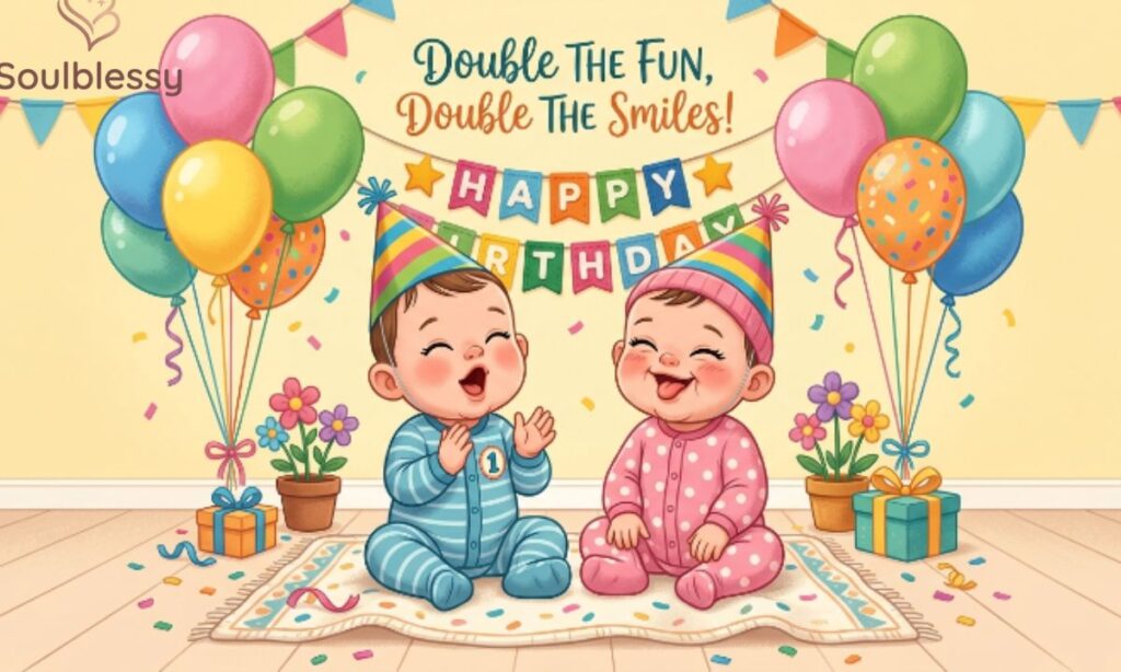 Funny twin babies first birthday celebration image