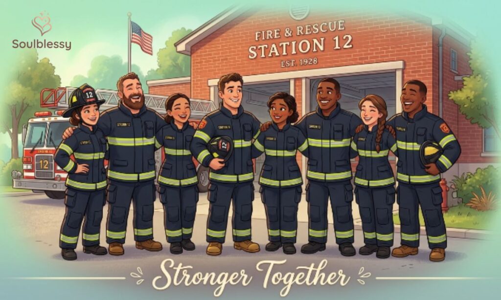 Firefighter team standing together with stronger together quote