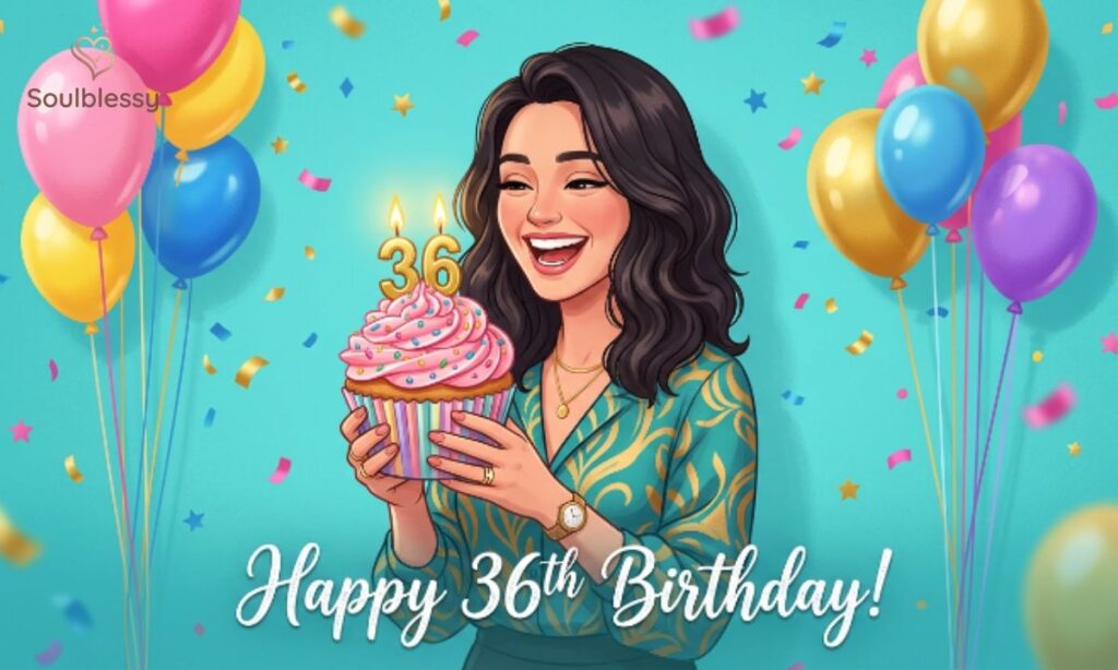 Funny 36th birthday captions image with birthday cupcakes and colorful balloons.