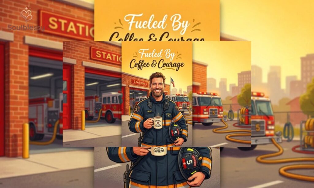 Smiling firefighter with coffee and funny firefighter quote