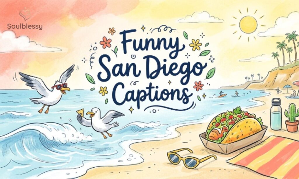 Colorful San Diego beach scene with tacos and playful heading text.