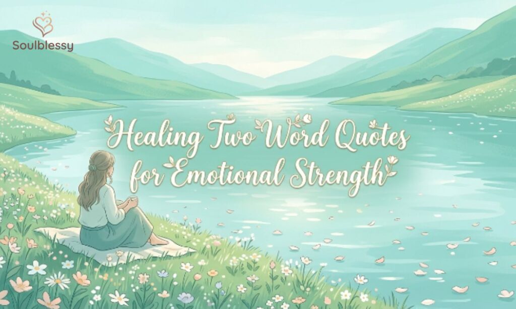 Healing two word quotes for emotional strength with calming floral scenery