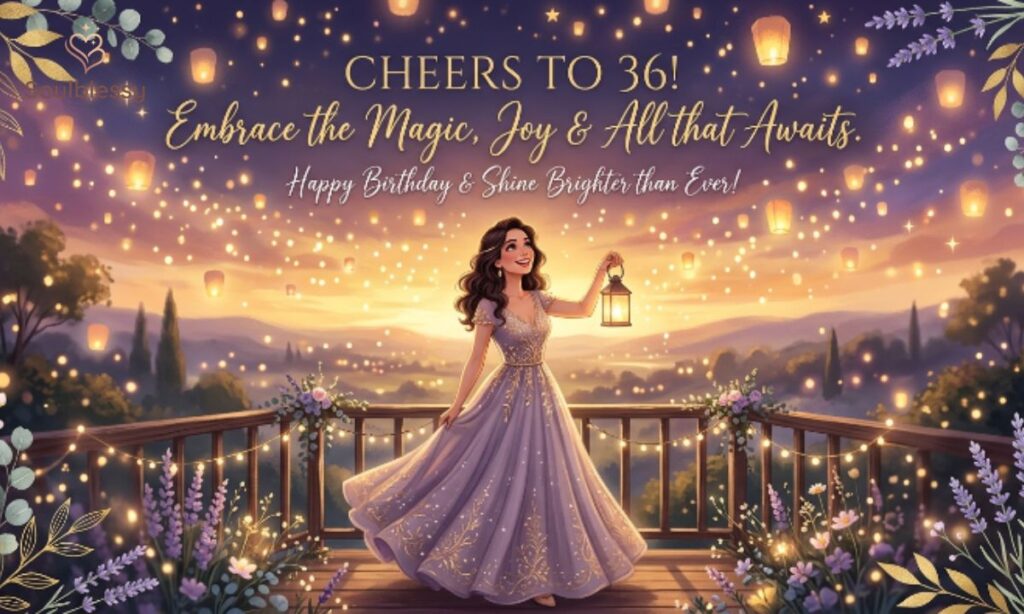 Inspirational 36th birthday captions image with uplifting golden birthday theme.