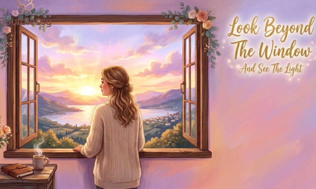 Inspirational window captions with sunrise view through open window