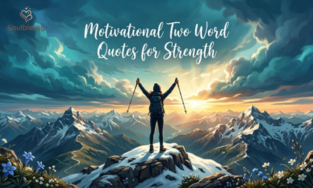 Motivational two word quotes for strength with mountain climbing concept