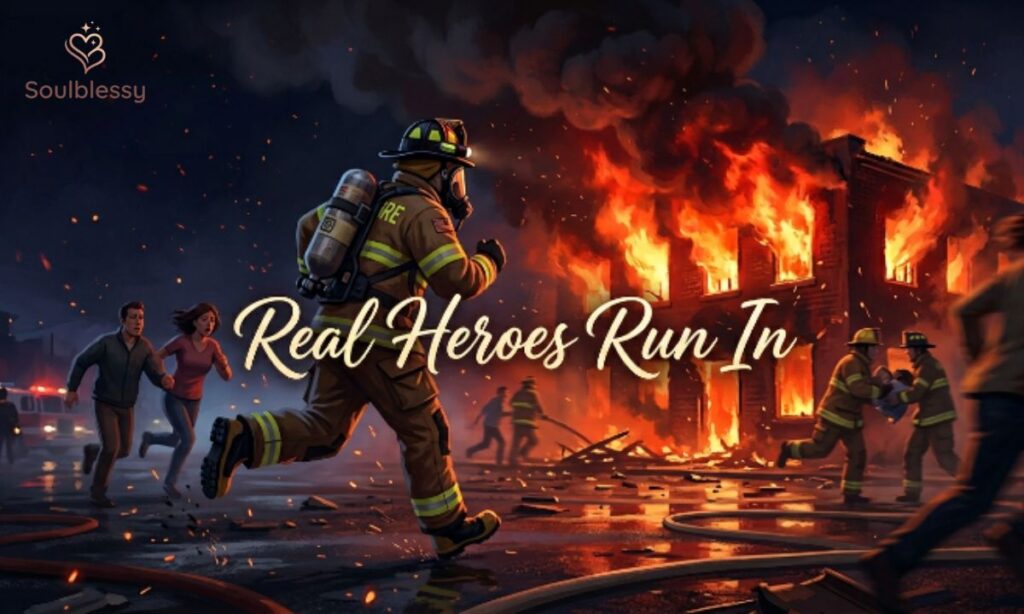 Heroic firefighter running toward danger with motivational quote