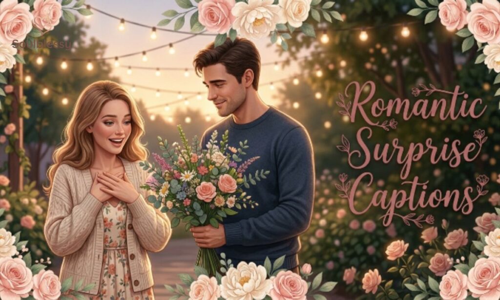The couple shared a romantic surprise moment with flowers and smiles.