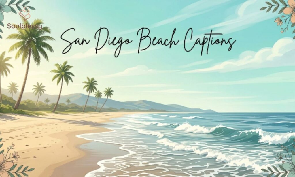 San Diego beach scene with palm trees and stylish heading text.