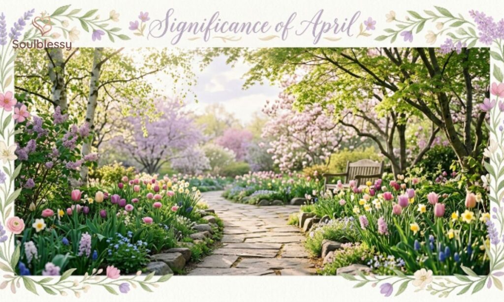 Significance of April with blooming flowers and spring pathway