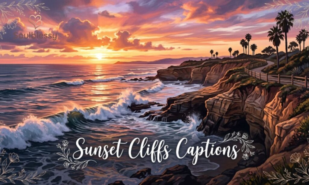 Sunset Cliffs in San Diego with colorful sunset sky and caption-themed design.