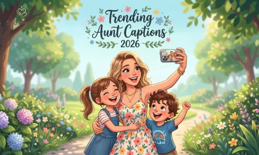 A stylish aunt taking a fun selfie with her niece and nephew outdoors.