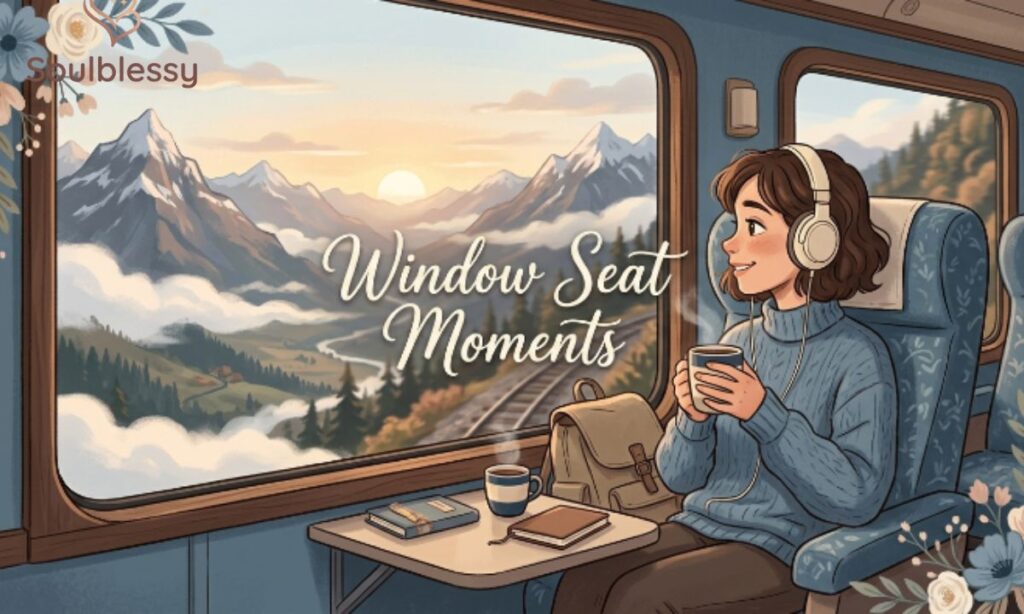 Window seat captions with scenic travel view from train window