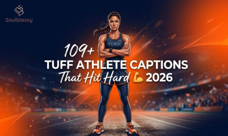 Athlete standing confidently with motivational sports caption title on dark blue background.