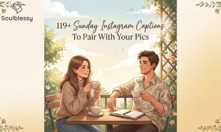 Peaceful Sunday morning illustration with coffee and cozy weekend vibes for Sunday Instagram captions.