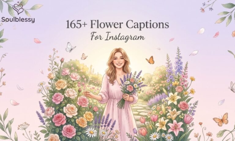 Beautiful flower garden illustration with elegant typography for Flower Captions for Instagram article.
