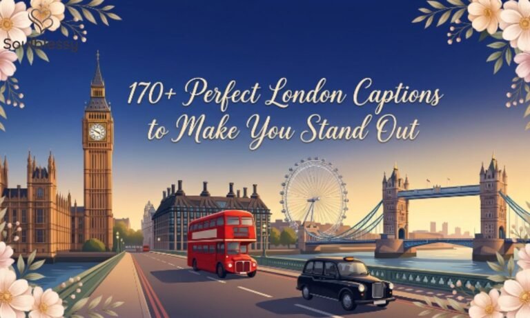 Beautiful London skyline featuring Big Ben, Tower Bridge, London Eye, and elegant floral title for London captions blog.