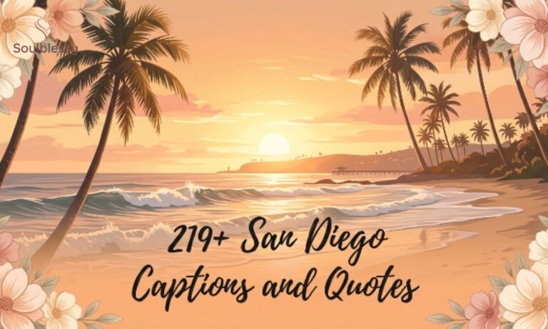 San Diego beach sunset with palm trees and elegant title text for a captions and quotes blog post.