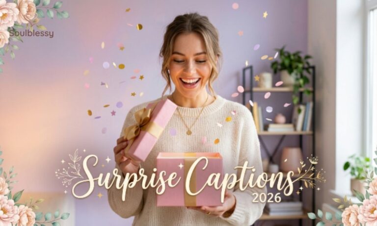 Woman happily opening a surprise gift with confetti and stylish Surprise Captions 2026 text.
