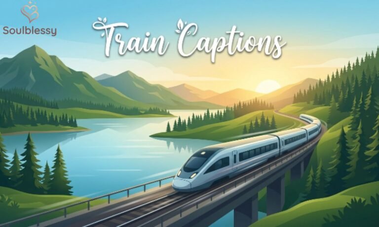 Modern passenger train traveling through scenic mountains at sunrise with the title Train Captions.