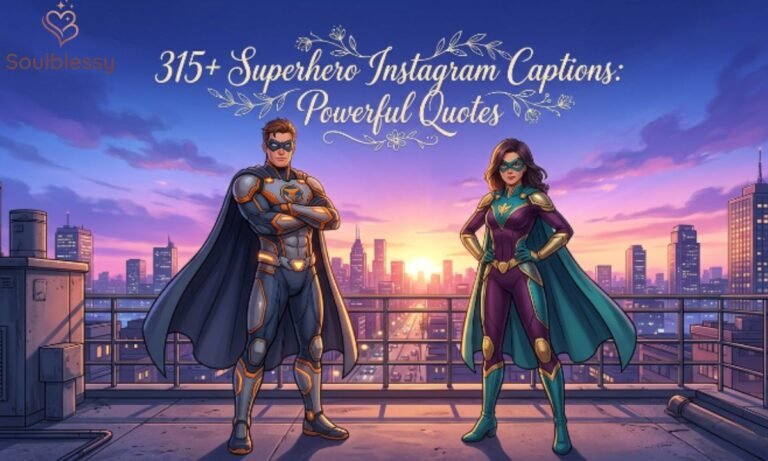 315+ Superhero Instagram Captions feature image with animated realistic superheroes on rooftop.