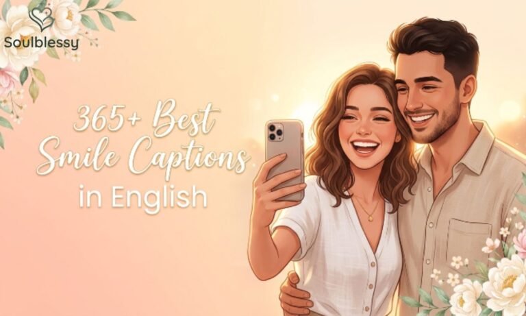 Best Smile Captions in English feature images with smiling young people and pastel backgrounds.