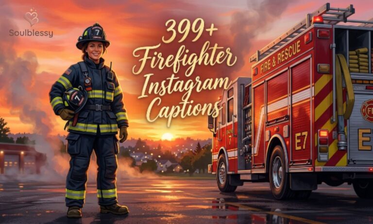 Firefighter standing beside fire truck with firefighter Instagram captions title