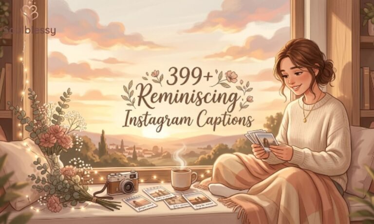 Semi-realistic nostalgic woman looking through old photographs with warm sunset background for reminiscing Instagram captions.