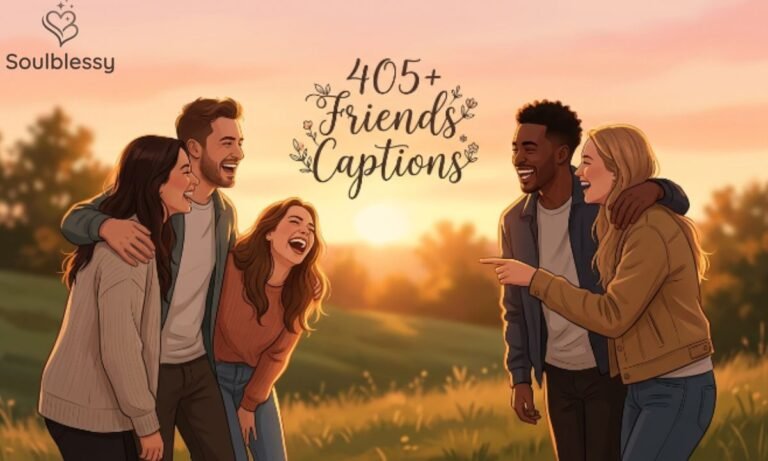 Friends captions feature an image showing a happy group of friends laughing together with a stylish title design