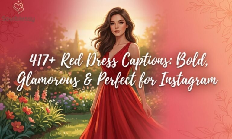 Beautiful woman wearing an elegant red dress in a flower garden with stylish title for red dress captions article.