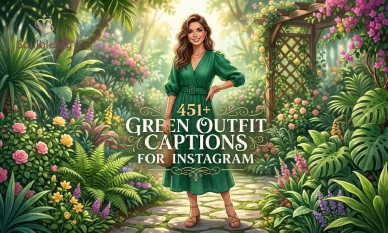 Stylish woman wearing a green outfit with Instagram caption theme.