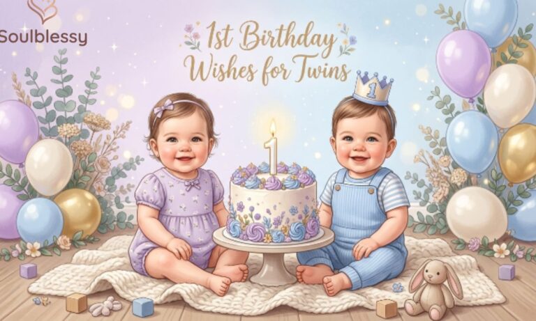 1st Birthday Wishes for Twins featured image with cute twin babies and birthday cake