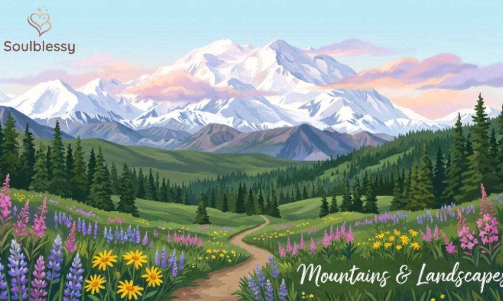 Alaska mountains and scenic landscapes with snowy peaks and forests