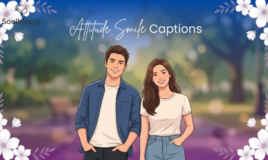 Attitude smile captions illustration with confident smiling young people on a blue and purple gradient background