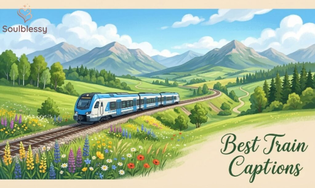 Modern train traveling through beautiful countryside representing the best train captions.