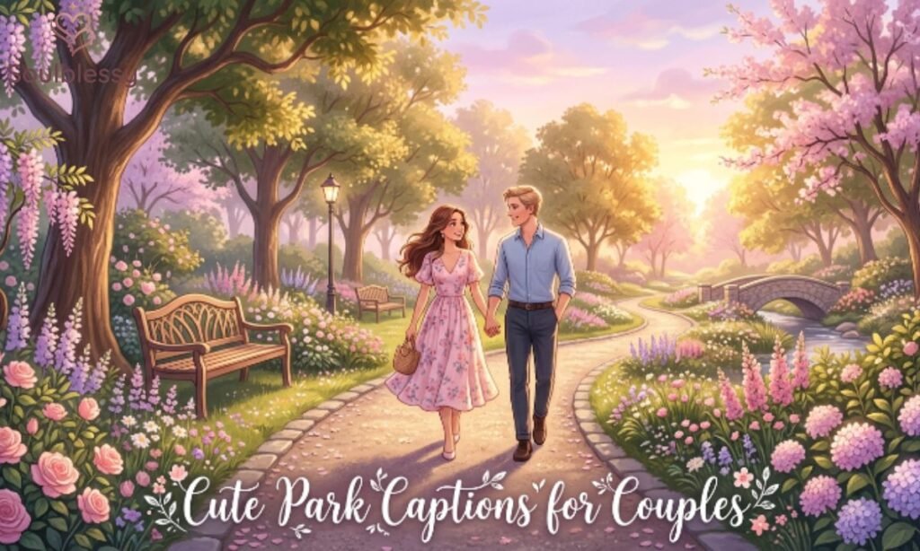 Romantic couple walking together in a beautiful flower-filled park.