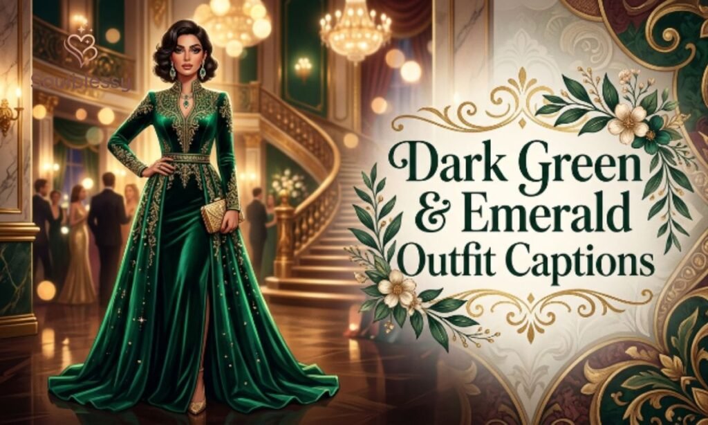 Woman wearing a luxurious emerald green dress.