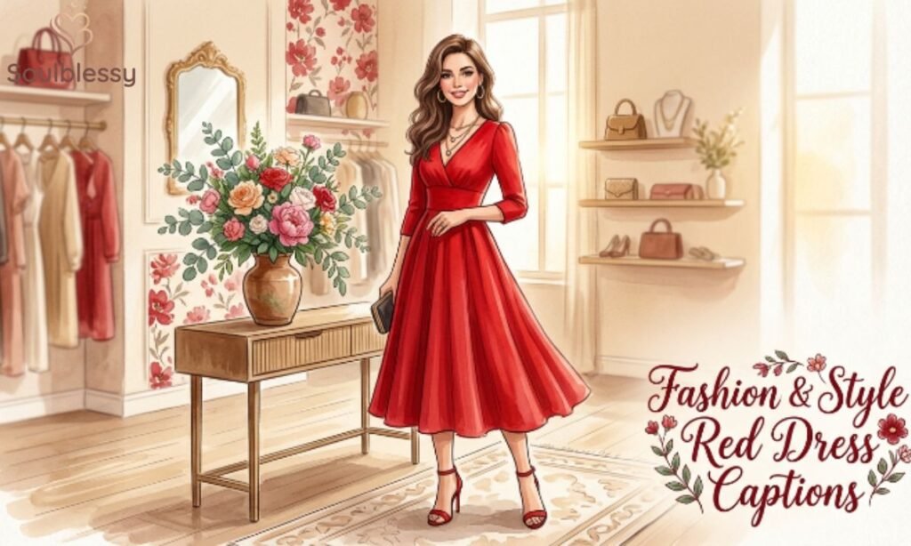 Stylish woman wearing a fashionable red dress.