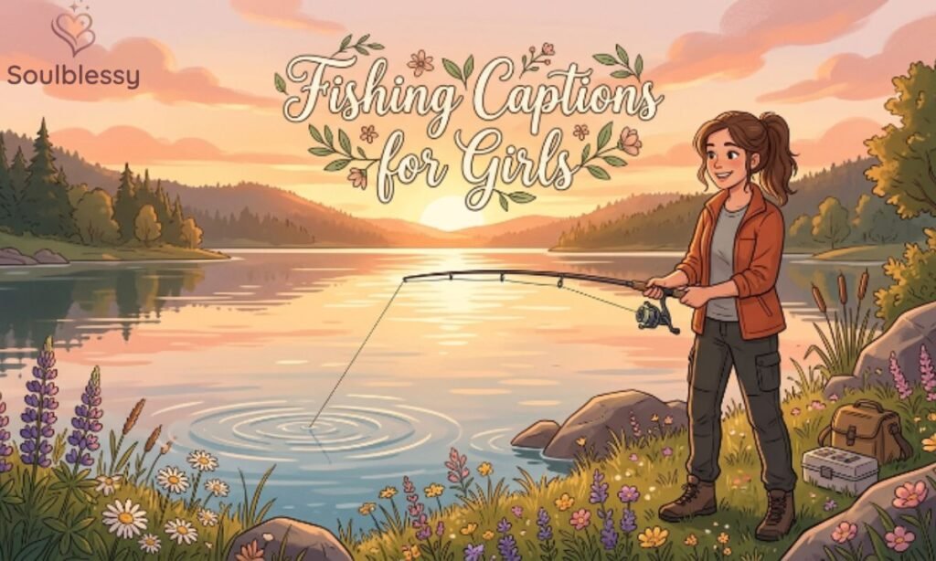 A young woman enjoying fishing at a peaceful lakeside during sunset.
