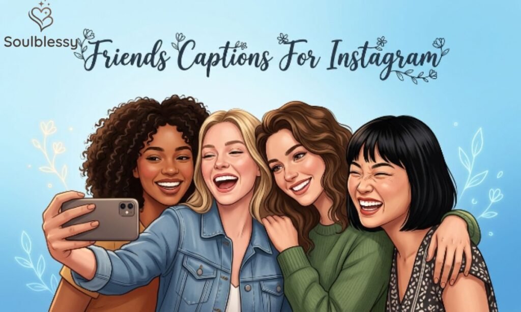 Instagram friends captions illustration with a group taking a selfie together.