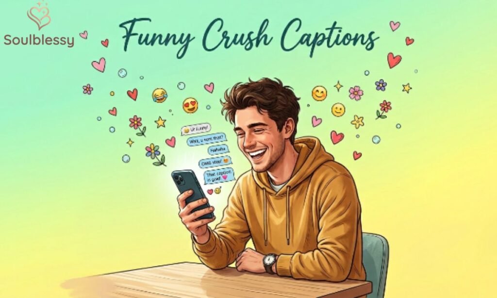 Funny crush illustration with smiling young man using a smartphone.