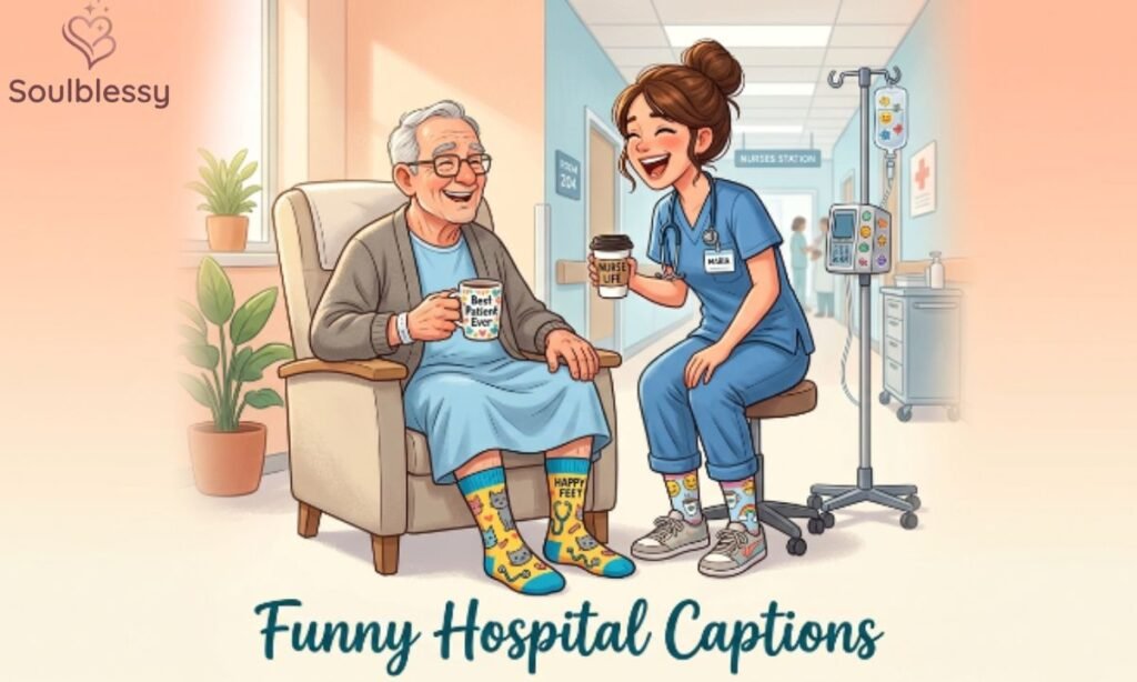 Happy nurse and patient laughing inside hospital