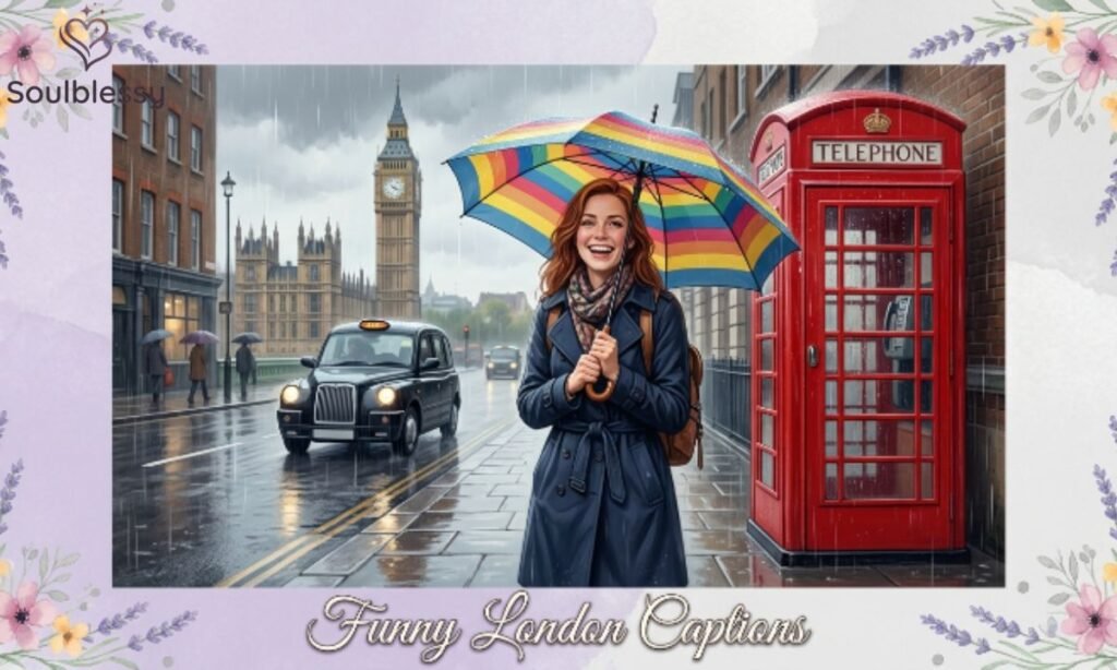 Smiling traveler in rainy London with floral funny London captions title.