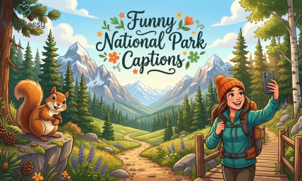 Funny hiking scene inside a national park with mountains and wildlife.