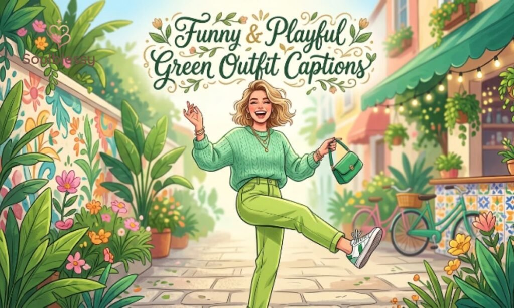 Smiling woman in a casual green outfit with playful style.