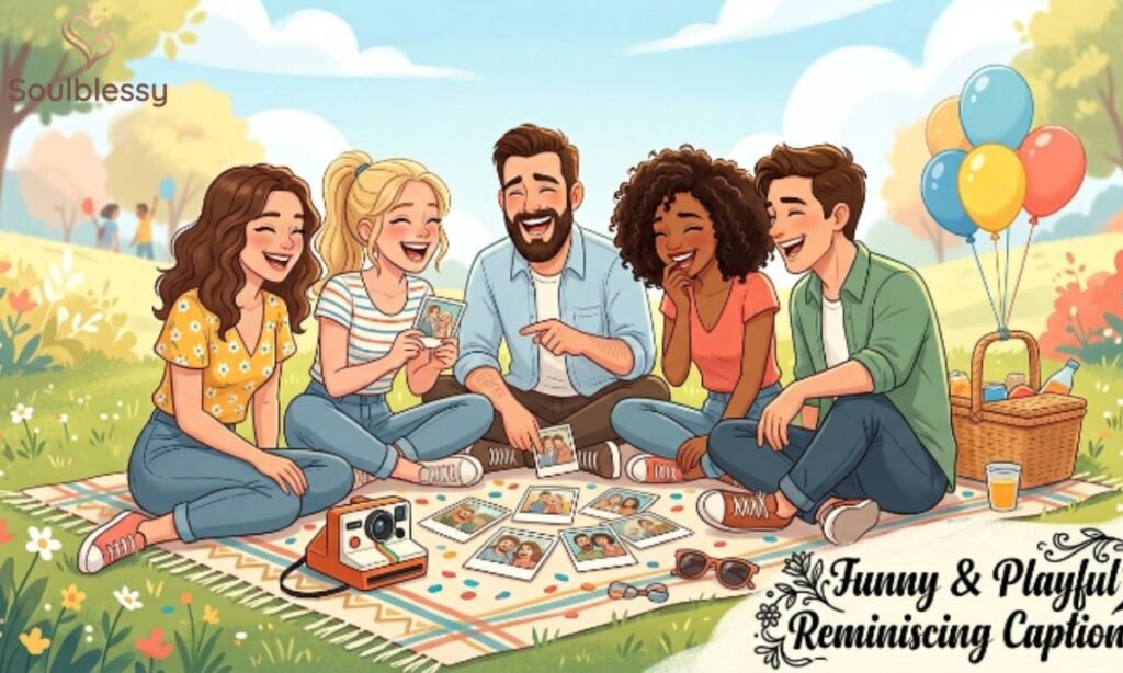 Friends laughing while looking at old photographs together.