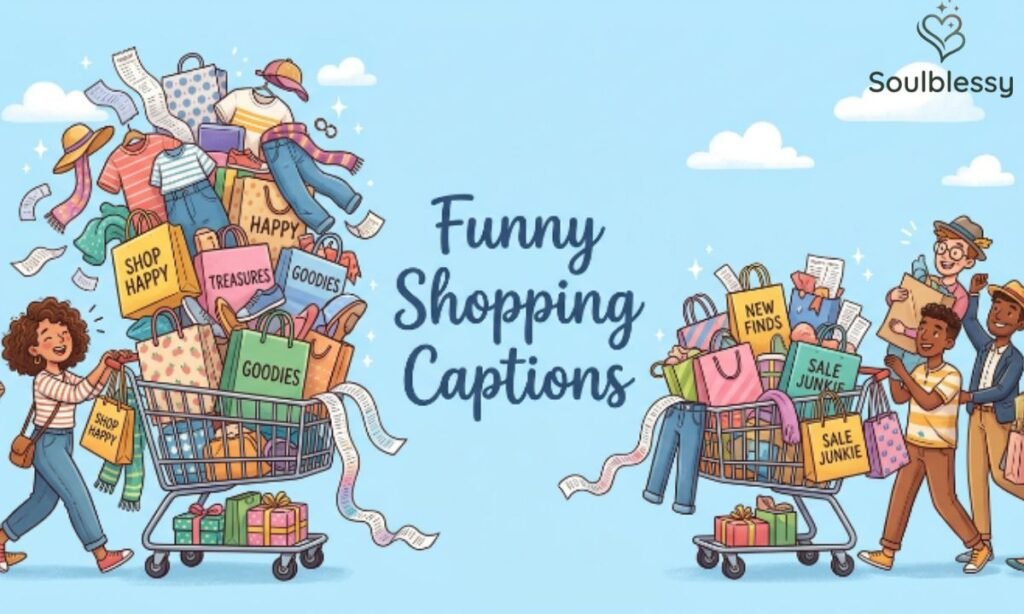 Funny shopping haul image with shopping bags and cart for Instagram captions.